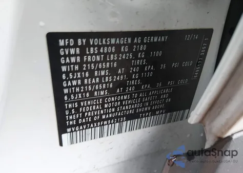 2015 Volkswagen Tiguan S from USA, damaged, VIN WVGAV7AX9FW562135